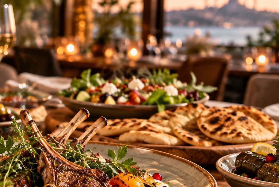 Warm, elegant dining table with fresh seasonal dishes