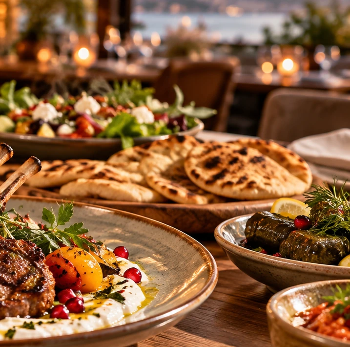 Hand-prepared breads and colourful dishes on a Turkish table